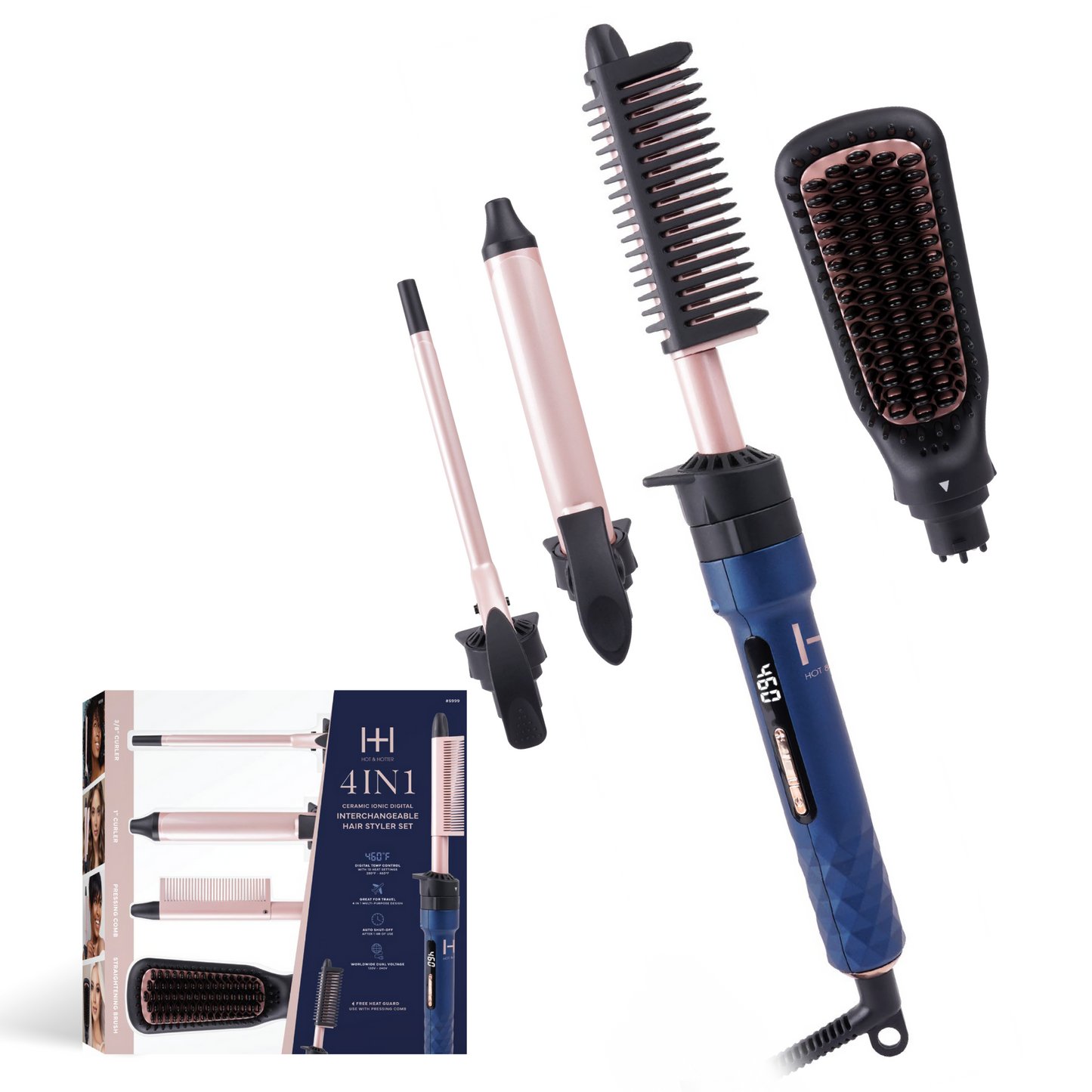 Set of hair styling tools including a curling iron, brush, and other accessories on a white background.