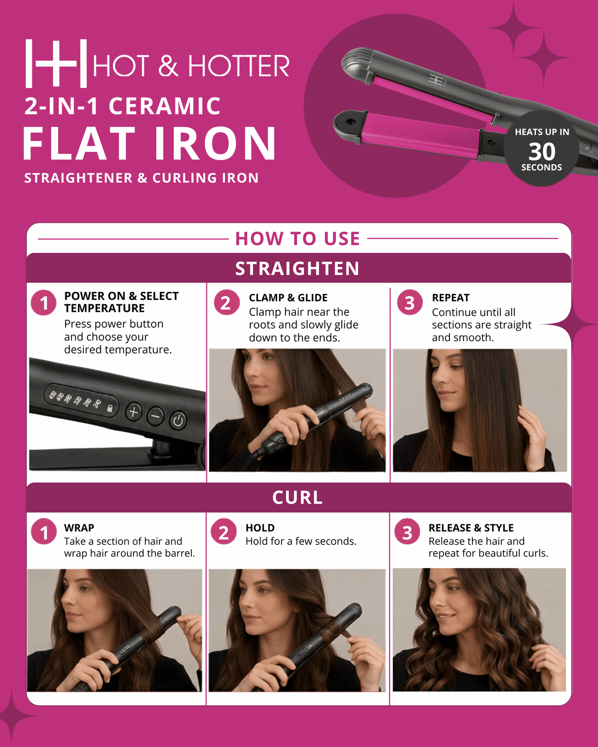 Hot & Hotter 2 in 1 Digital Ceramic Flat Iron 1 Inch, 1 Count, Black & Pink