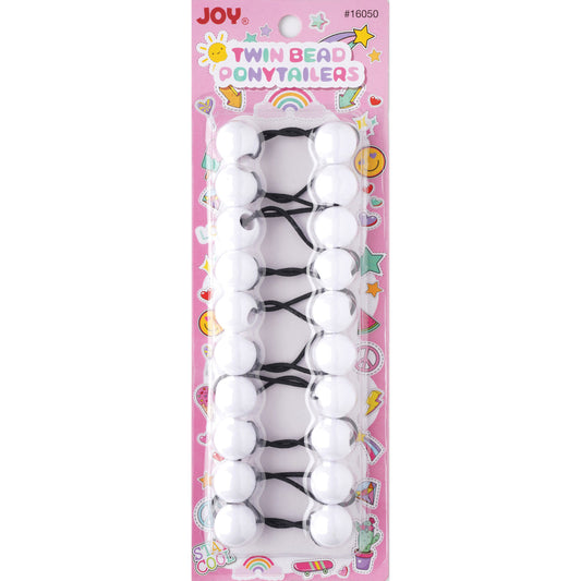 Joy Twin Beads Ponytailers 10Ct White pack with 20mm twin bead hair ties on black elastic bands.