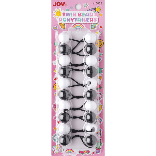 Joy Twin Beads Ponytailers 10Ct Black & White pack with alternating black and white bead hair ties on pink card.