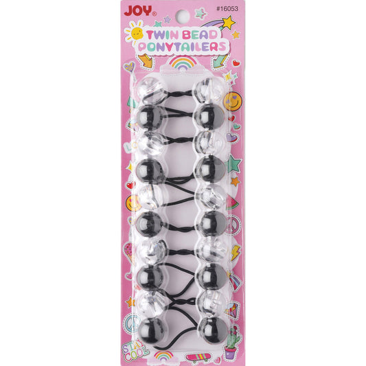 Joy Twin Beads Ponytailers 10Ct Black & Clear with large beads for snag-free hair hold, suitable for all ages and hair types.