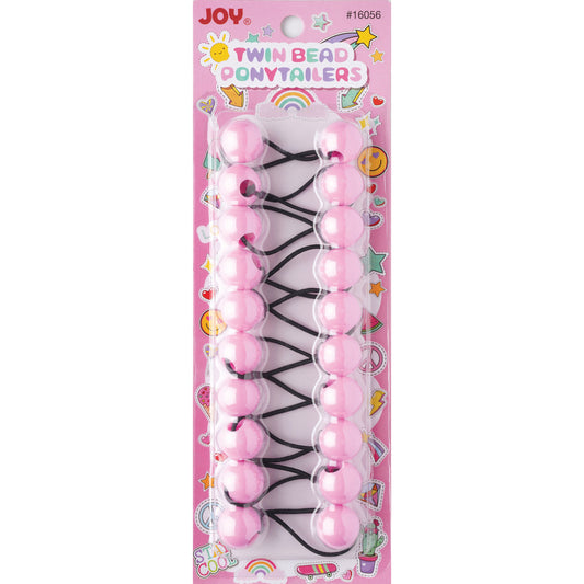 Joy Twin Beads Ponytailers 10Ct Pink with classic large pink beads on black elastic for kids hair styling.
