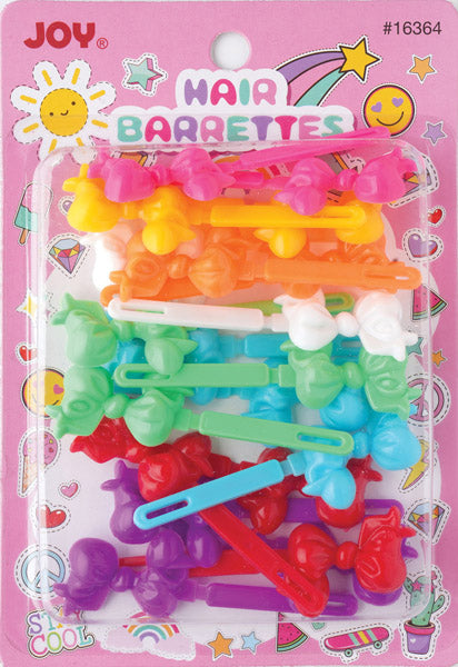 Joy Hair Barrettes Ribbon, 10 Count, Assorted Colors featuring colorful plastic snap clips shaped like bows in bright pink, yellow, orange, white, green, blue, red, and purple on playful packaging.