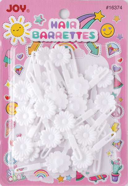 Joy Hair Barrettes Petite Daisy, 24 Count, White featuring small white daisy-shaped hair clips displayed on colorful packaging with playful cartoon designs like rainbows, stars, and smiley faces.