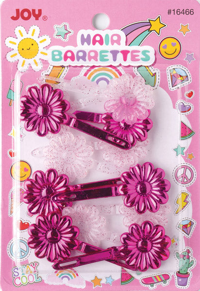 A 4-pack of pink hair barrettes in a blister pack with a pink decorative backing card. The barrettes feature shiny magenta flower-shaped tops with rhinestone centers and some have attached white tulle flowers.