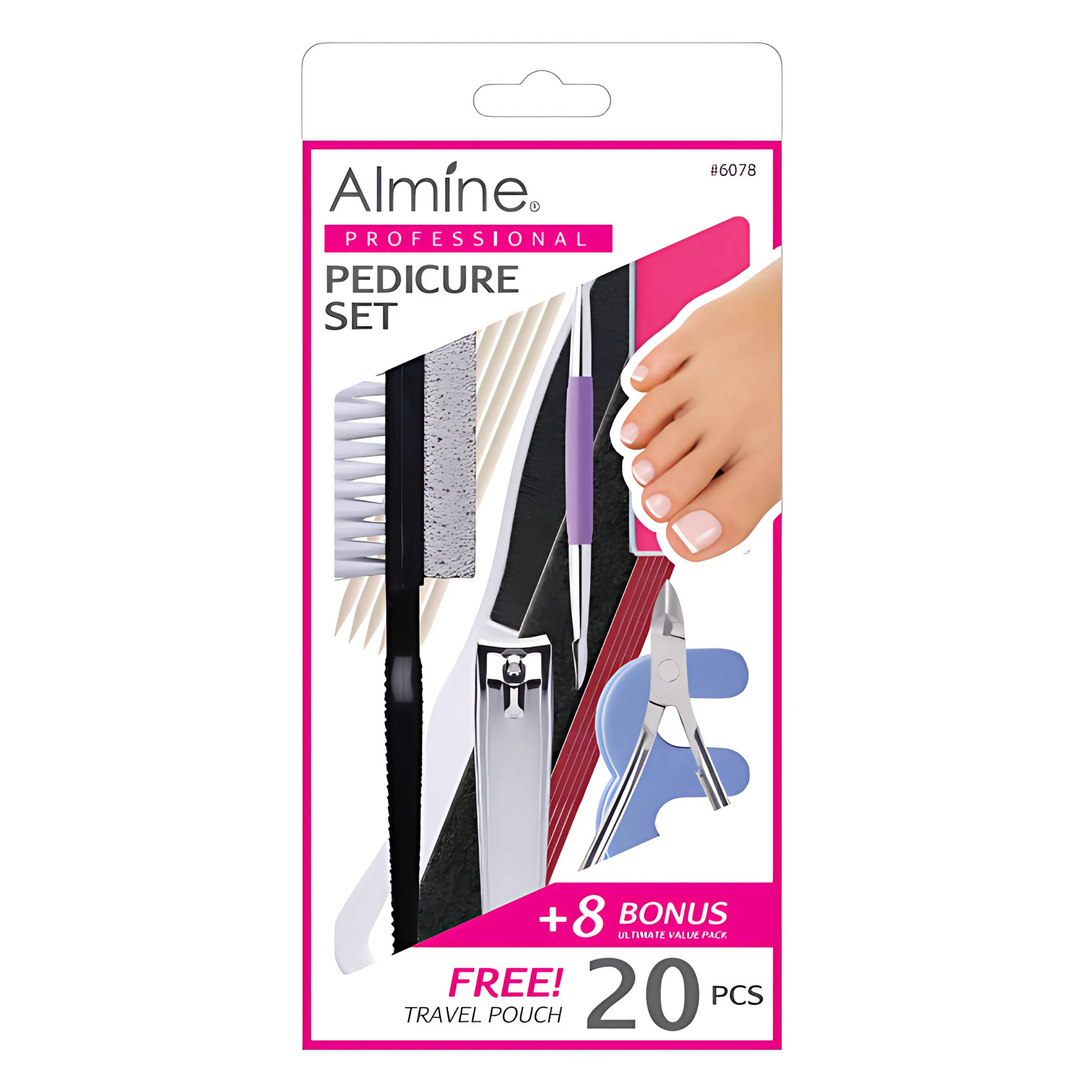 Almine Professional 20-piece pedicure set with nail clippers, file, cuticle tools, and travel pouch for home foot care.