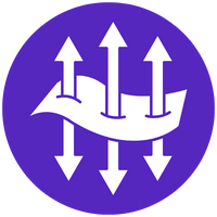 White arrows pointing up and down through a waving ribbon shape on a solid purple circular background