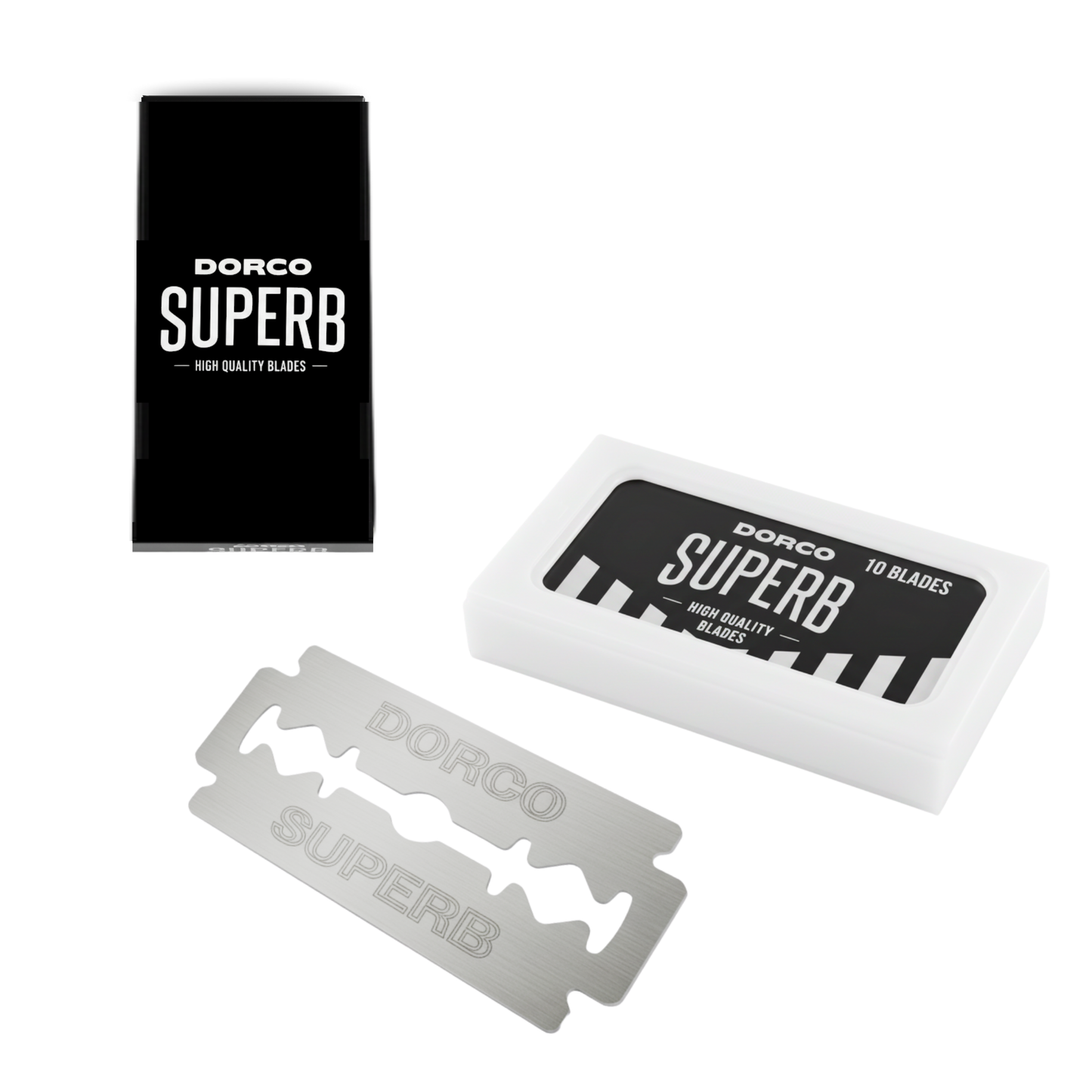 Dorco Superb 10-count premium stainless steel razor blade replacement pack with black and white protective case