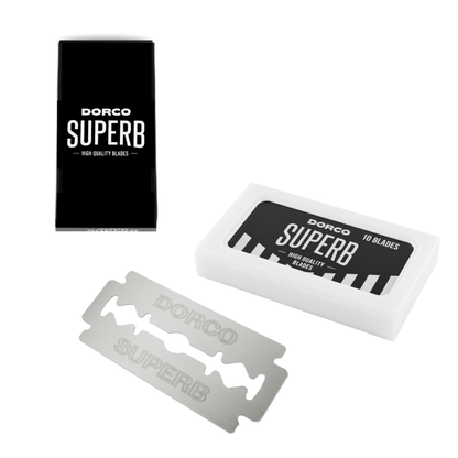 Dorco Superb 10-count premium stainless steel razor blade replacement pack with black and white protective case
