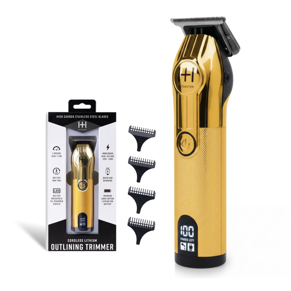 Gold Hot & Hotter cordless lithium outlining trimmer with digital display, three guide combs, and high-carbon steel blade