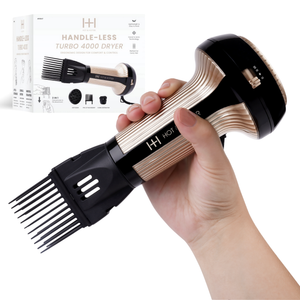 Hot & Hotter Turbo 4000 Ceramic Handless Hair Dryer in Gold, compact, handle-less design with 2-in-1 pik attachment.