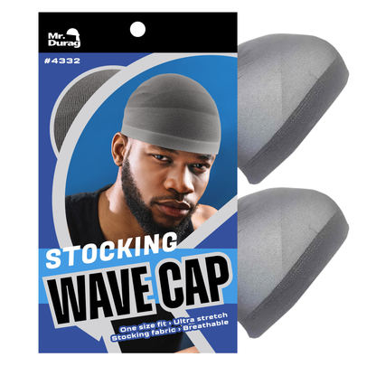 Mr. Durag Stocking Wave Cap 2Pc in gray, breathable ultra-stretch fabric for one size fit and wave styling.
