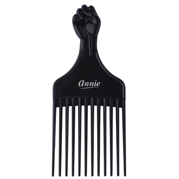 Annie Afro Styling Pik Short Black with decorative fist handle and 2.5" prongs for curly, wavy, or permed hair care.