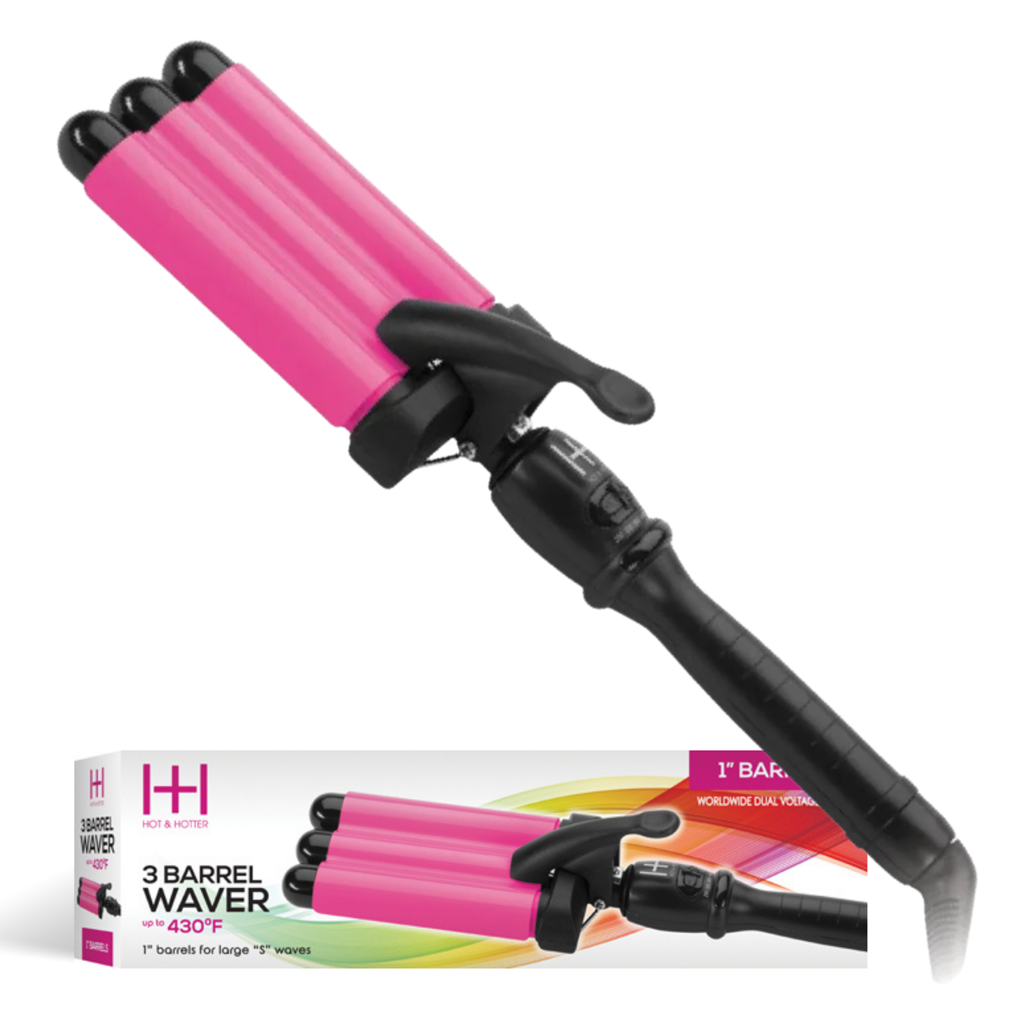 Hot & Hotter 3 Barrel Waver Curling Iron with 1-inch barrels and temperature control up to 430°F in black and pink.
