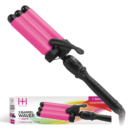 Hot & Hotter 3 Barrel Waver Curling Iron with 1-inch barrels and temperature control up to 430°F in black and pink.
