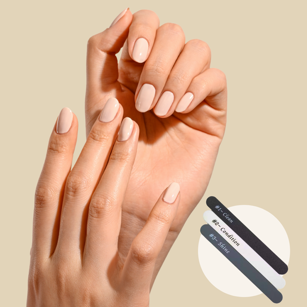 Close-up of hands with nude polished nails over beige background and three nail files labeled CCoff, Condition, and Shine nearby