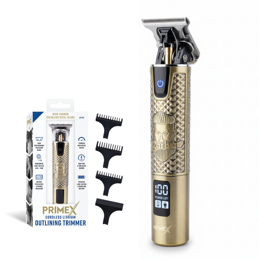 PrimeX gold cordless outlining barber trimmer with LCD screen and four black guard attachments on white background