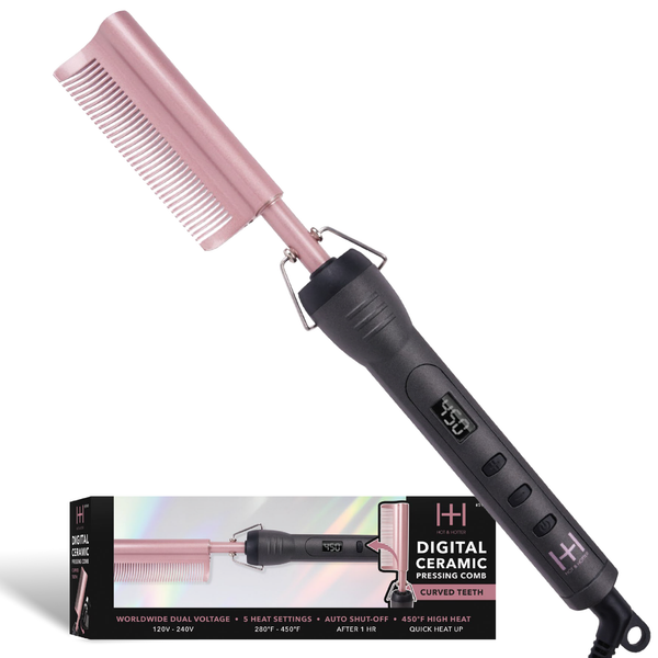 Hot & Hotter Digital Ceramic Pressing Comb Curved Teeth in rose gold with digital display and adjustable temperature settings.