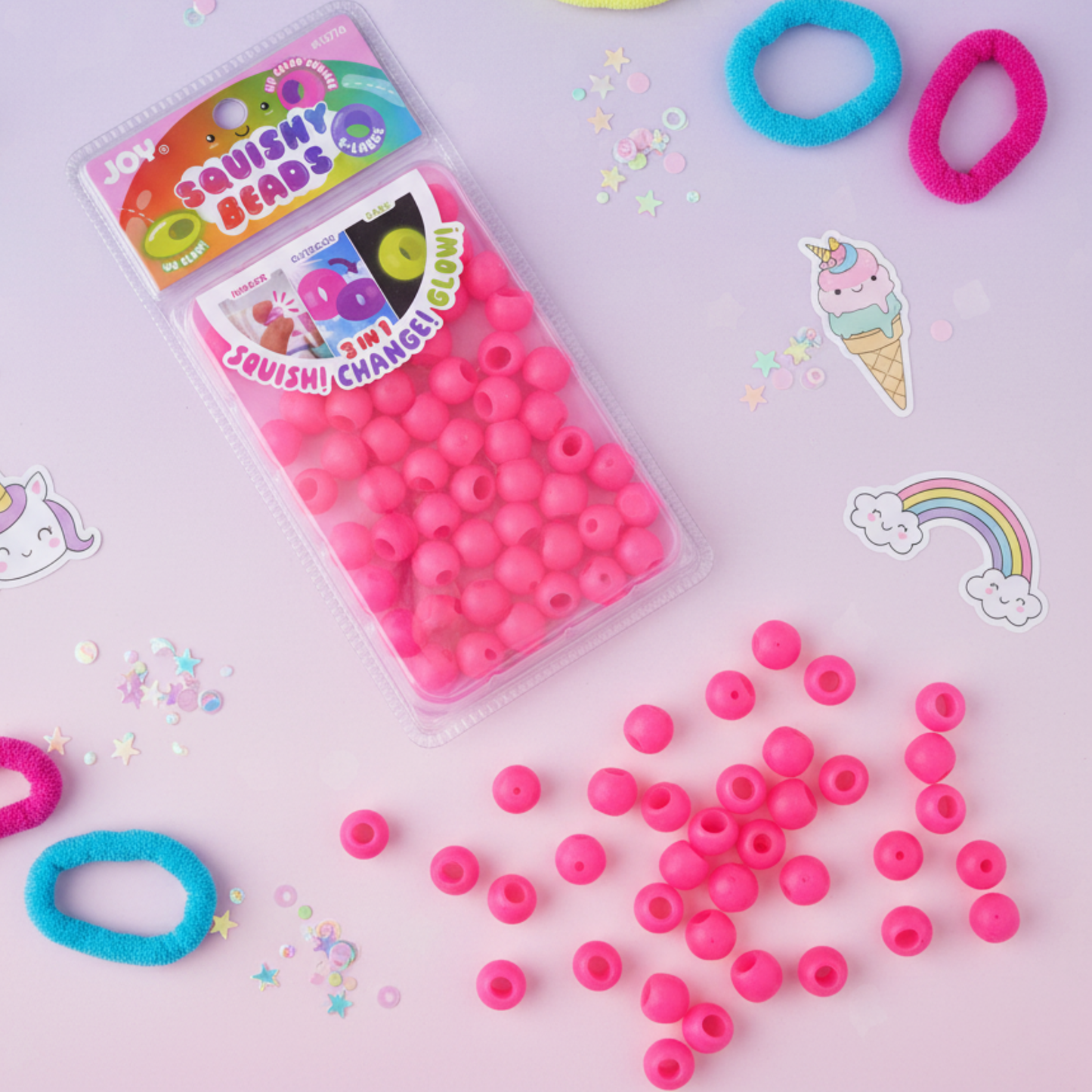 Joy XL Round Squishy Hair Beads in hot pink, large pack with UV glow-in-dark feature for braids and locs.