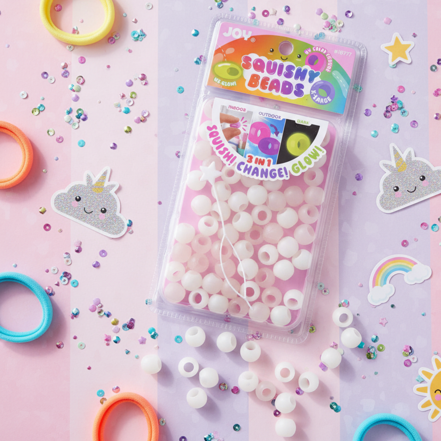 Joy XL Round Squishy Hair Beads, Large Pack, UV Glow-in-Dark, White Mix