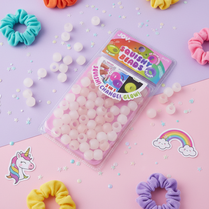 Pack of clear Joy XL round squishy hair beads that glow in the dark, shown with colorful scrunchies and stickers.