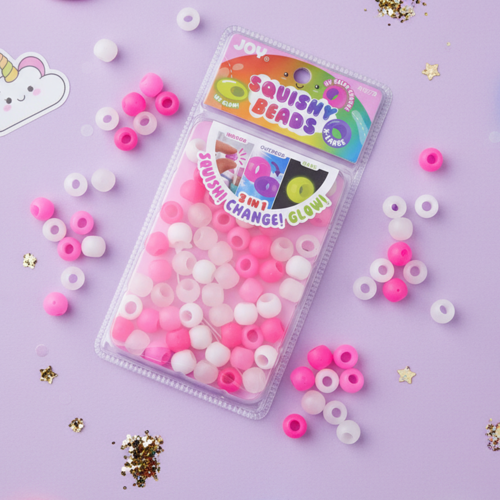 Joy XL Round Squishy Hair Beads large pack in pink and white mix, glow-in-dark and soft for braids and locs.