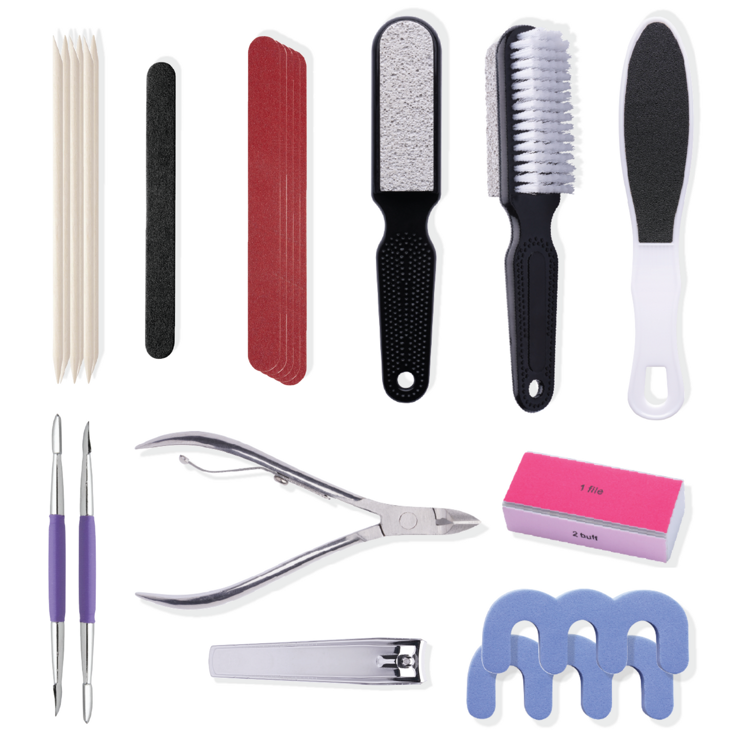 Almine Pedicure Set with 20 essential grooming tools including files, clippers, brushes, and toe separators for foot care.