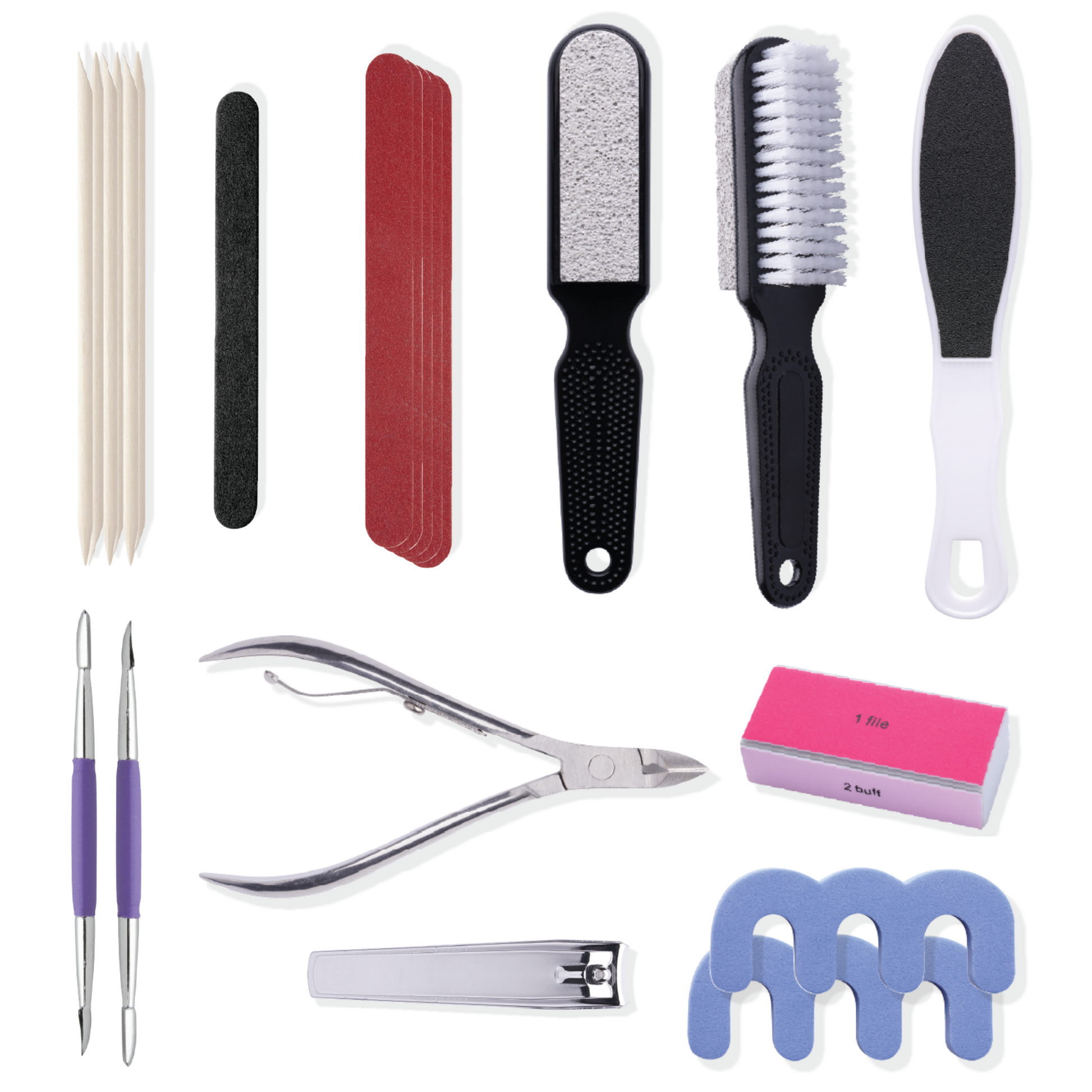 Almine Pedicure Set with 20 essential grooming tools including files, clippers, brushes, and toe separators for foot care.