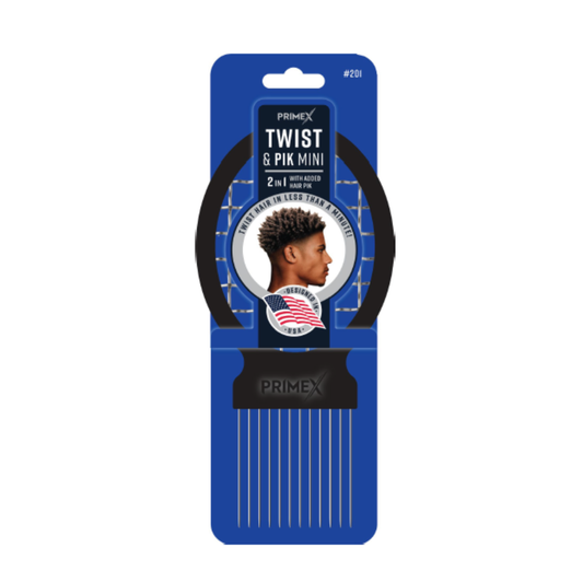 Black mini hair pick comb with long metal teeth designed for easy twisting and lifting of textured, natural hair, packaged on a blue card from Annie International.