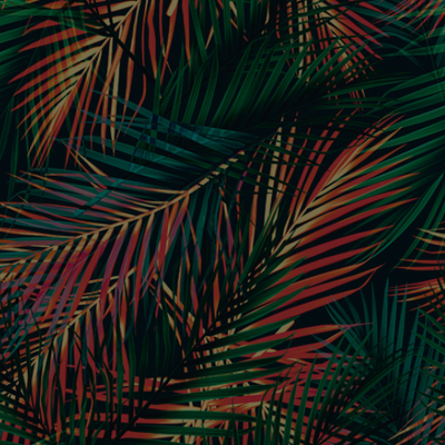Dense overlapping tropical palm leaves in dark green, red, and orange shades creating a vibrant pattern