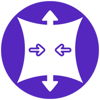 White icon showing four arrows pointing outward and inward on a purple circular background
