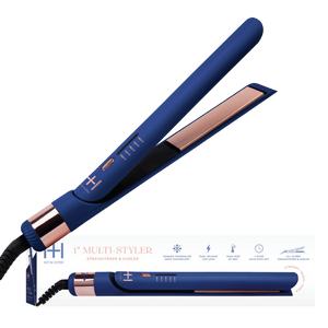 Blue hair straightener with rose gold accents on a white background