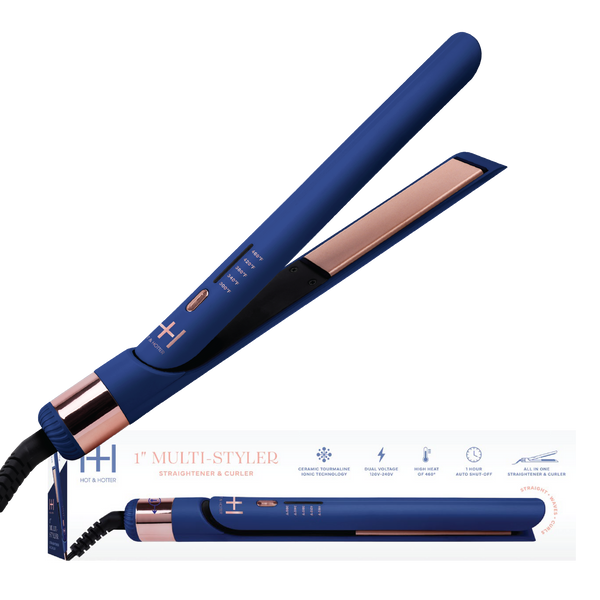 Blue hair straightener with rose gold accents on a white background