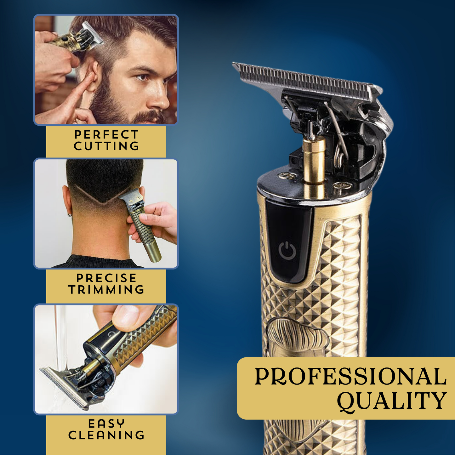 Gold cordless PrimeX outlining barber trimmer with high carbon steel blade shown with haircut and cleaning close-ups