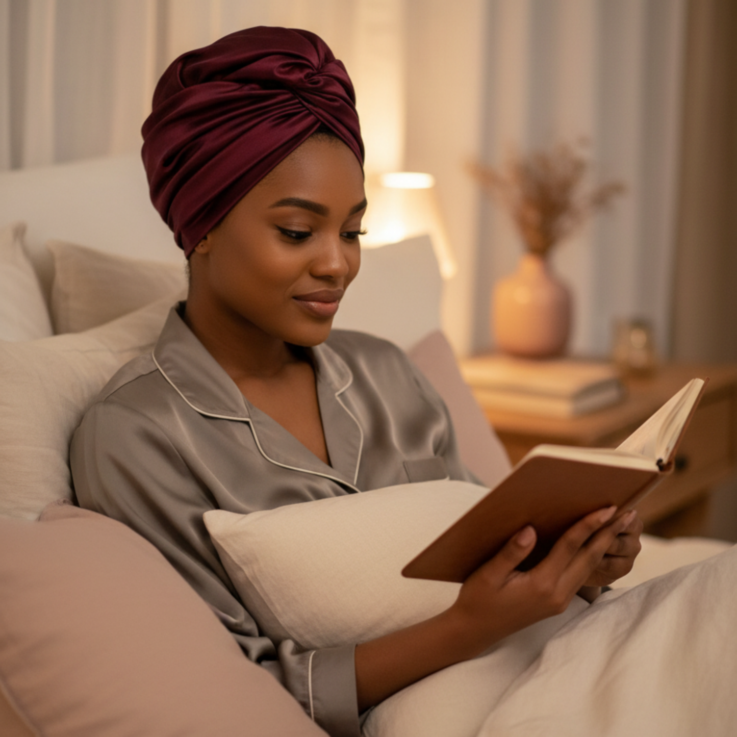 Woman wearing olive and burgundy turban scarf reading a book while relaxing in bed with soft lighting