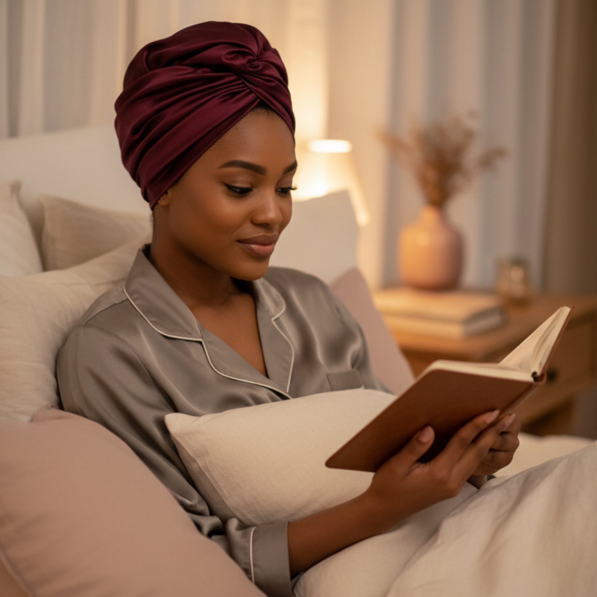 Woman wearing olive and burgundy turban scarf reading a book while relaxing in bed with soft lighting
