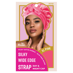 Ms. Remi Silky Wide Edge Strap Day & Night Cap XL Assorted in pink with stretchy satin band for hair protection.
