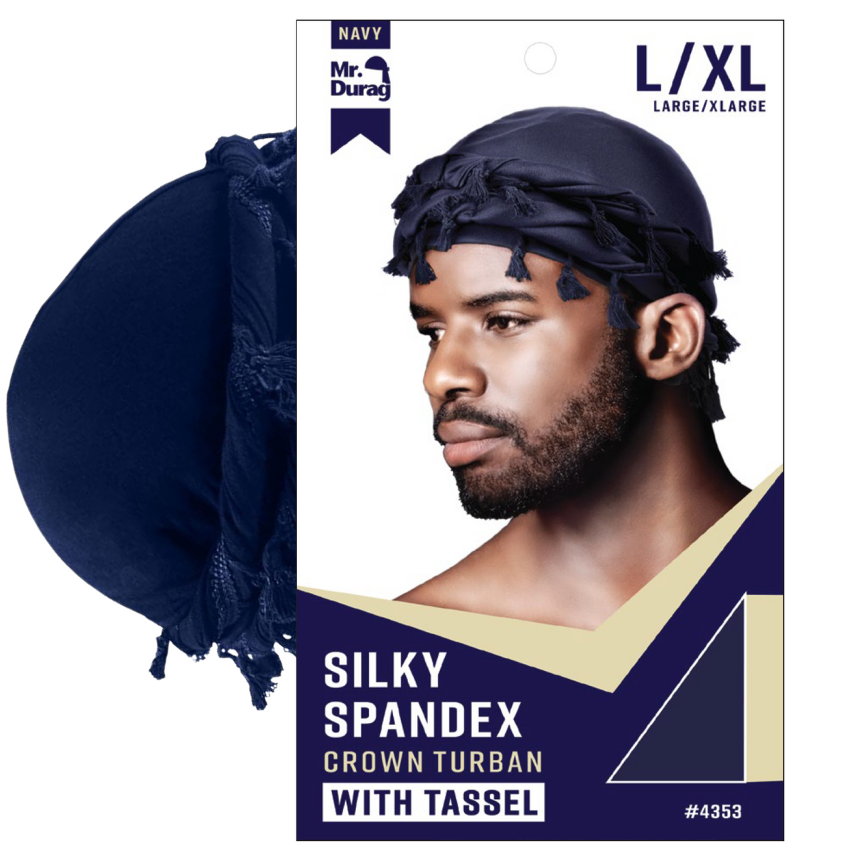 Mr. Durag Silky Spandex Crown Turban with Tassel L/XL in navy worn by man, pre-tied and lightweight headwear accessory.