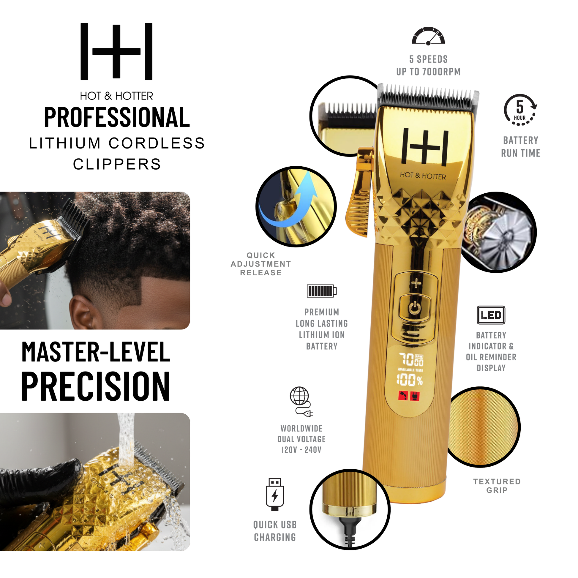 Gold Hot & Hotter professional cordless clipper with digital display, textured grip, and quick USB charging features shown in detail
