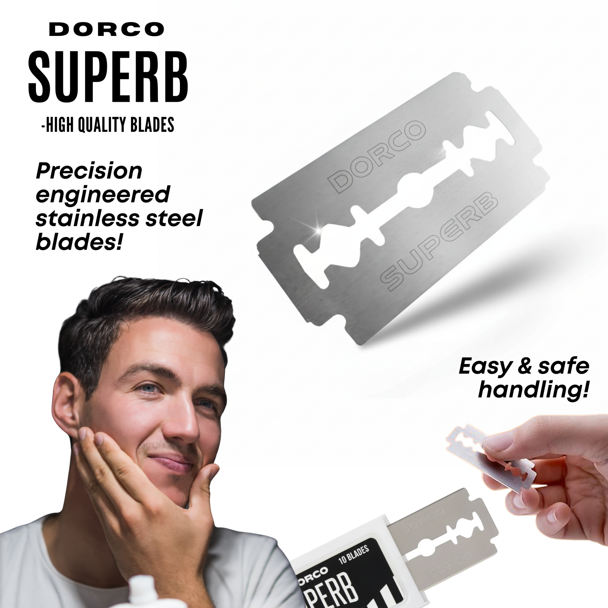 Dorco Superb stainless steel razor blade replacement pack showing precision blades and safe handling demonstration