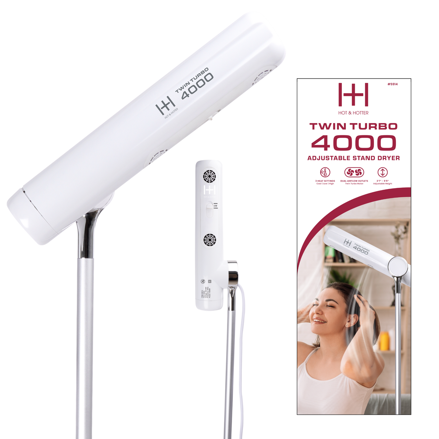 White adjustable stand dryer with packaging on a white background