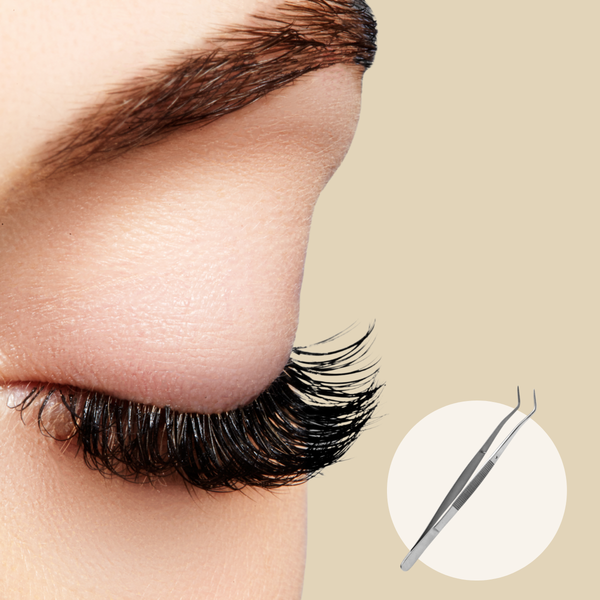 Close-up of a closed eye with long thick eyelashes and an inset image of silver curved eyelash extension tweezers on beige background