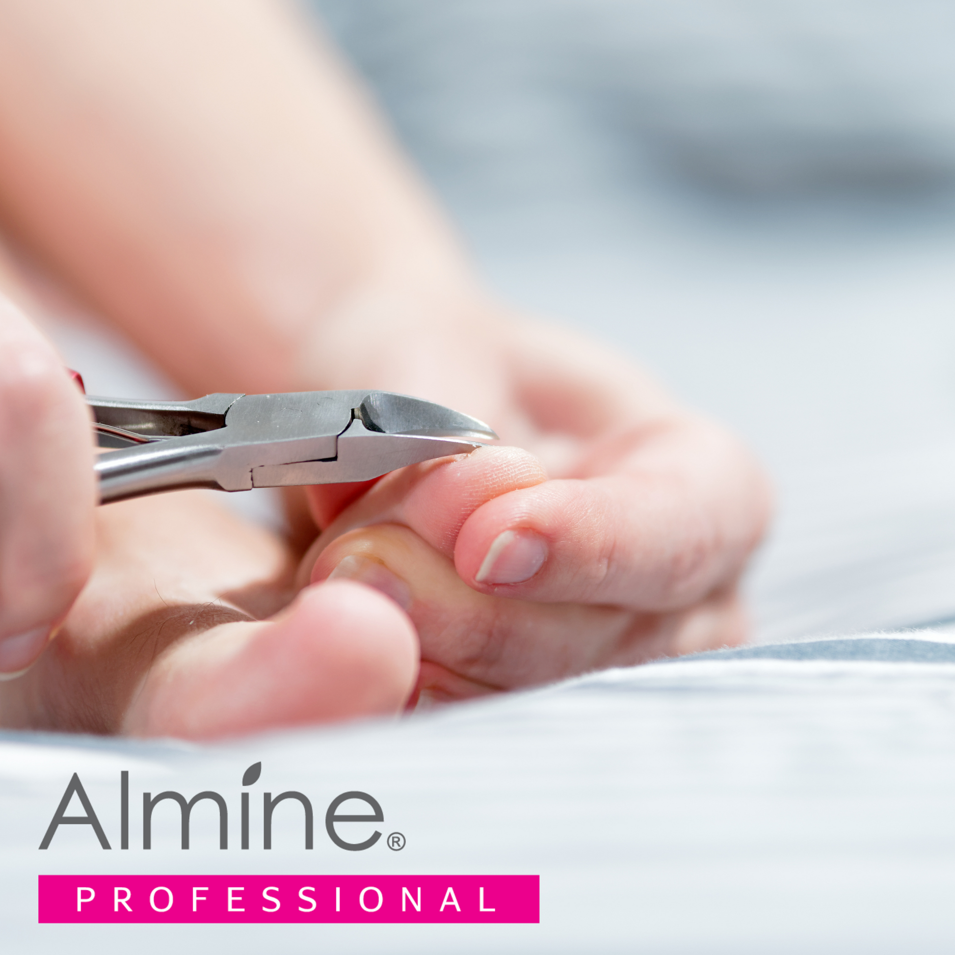 Close-up of professional stainless steel nail clippers trimming toenails as part of Almine Pedicure Set care routine