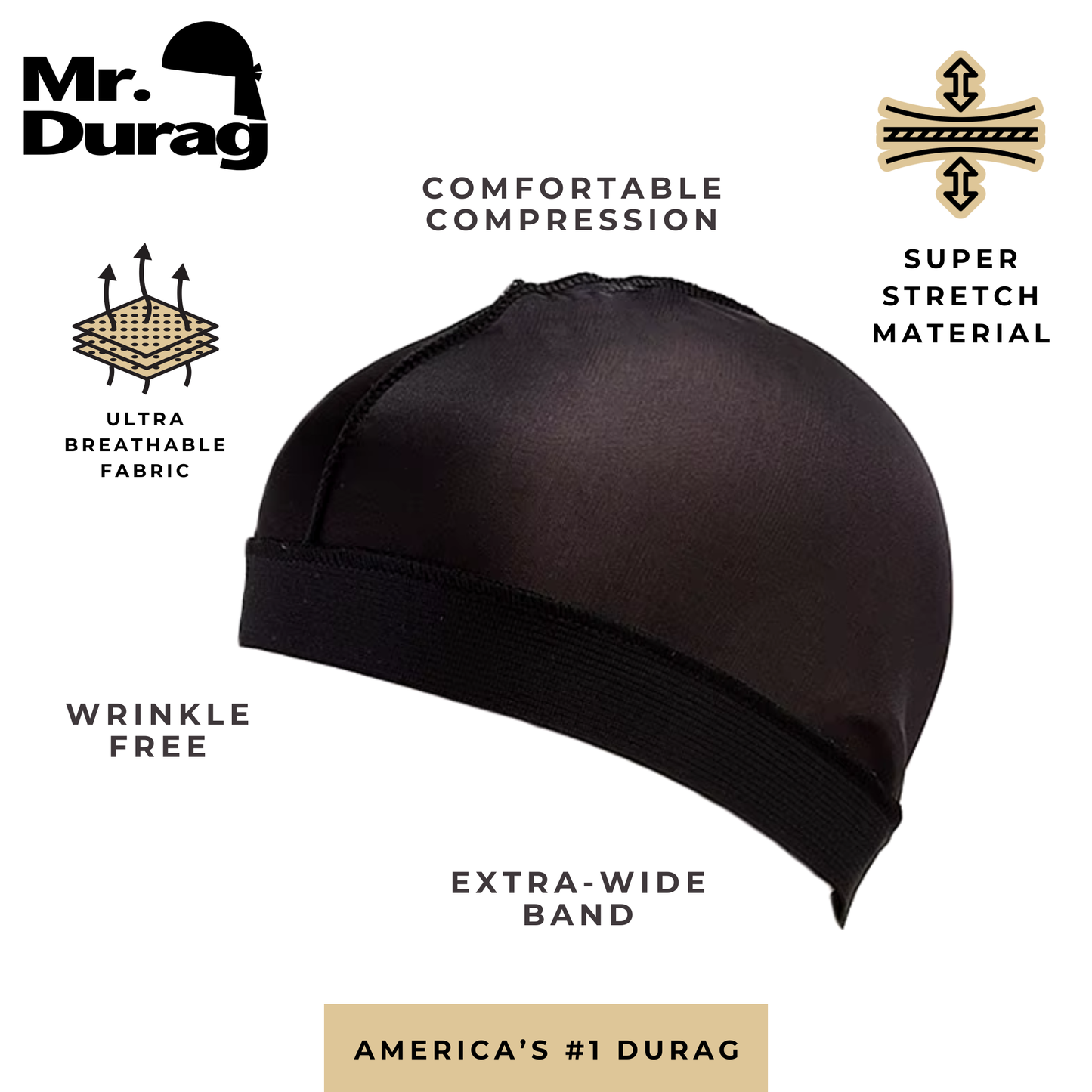 Black Mr. Durag Stocking Wave Cap with extra-wide band, super stretch material, and breathable wrinkle-free fabric for comfortable compression