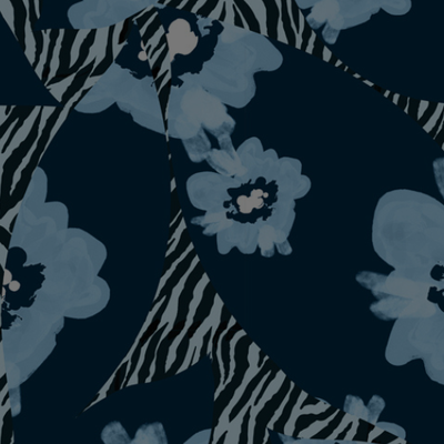 Abstract pattern with large blue flowers and zebra stripes on a dark navy background