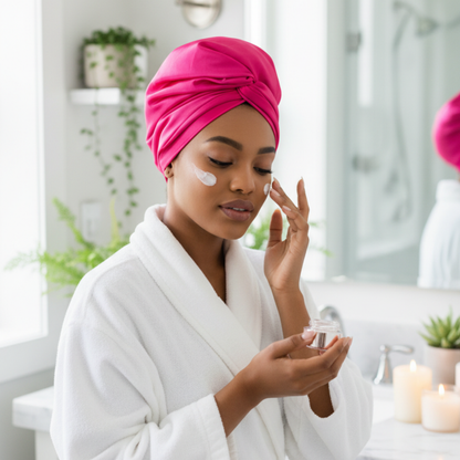 Woman wearing bright pink Ms. Remi turban scarf applying cream in a white robe in a bright bathroom setting