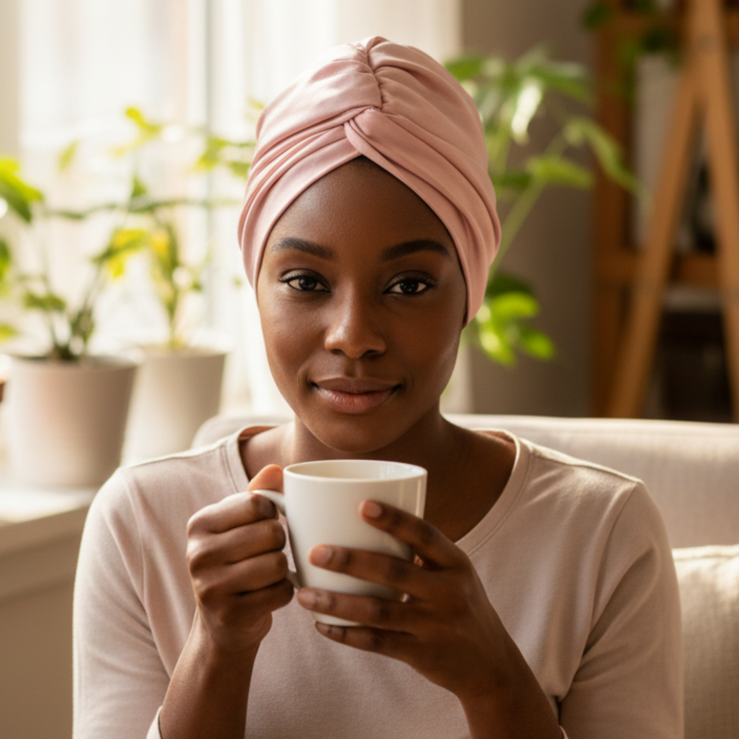 Woman wearing pink Ms. Remi Effortless Turban Scarf holding white mug in cozy indoor setting with plants in background