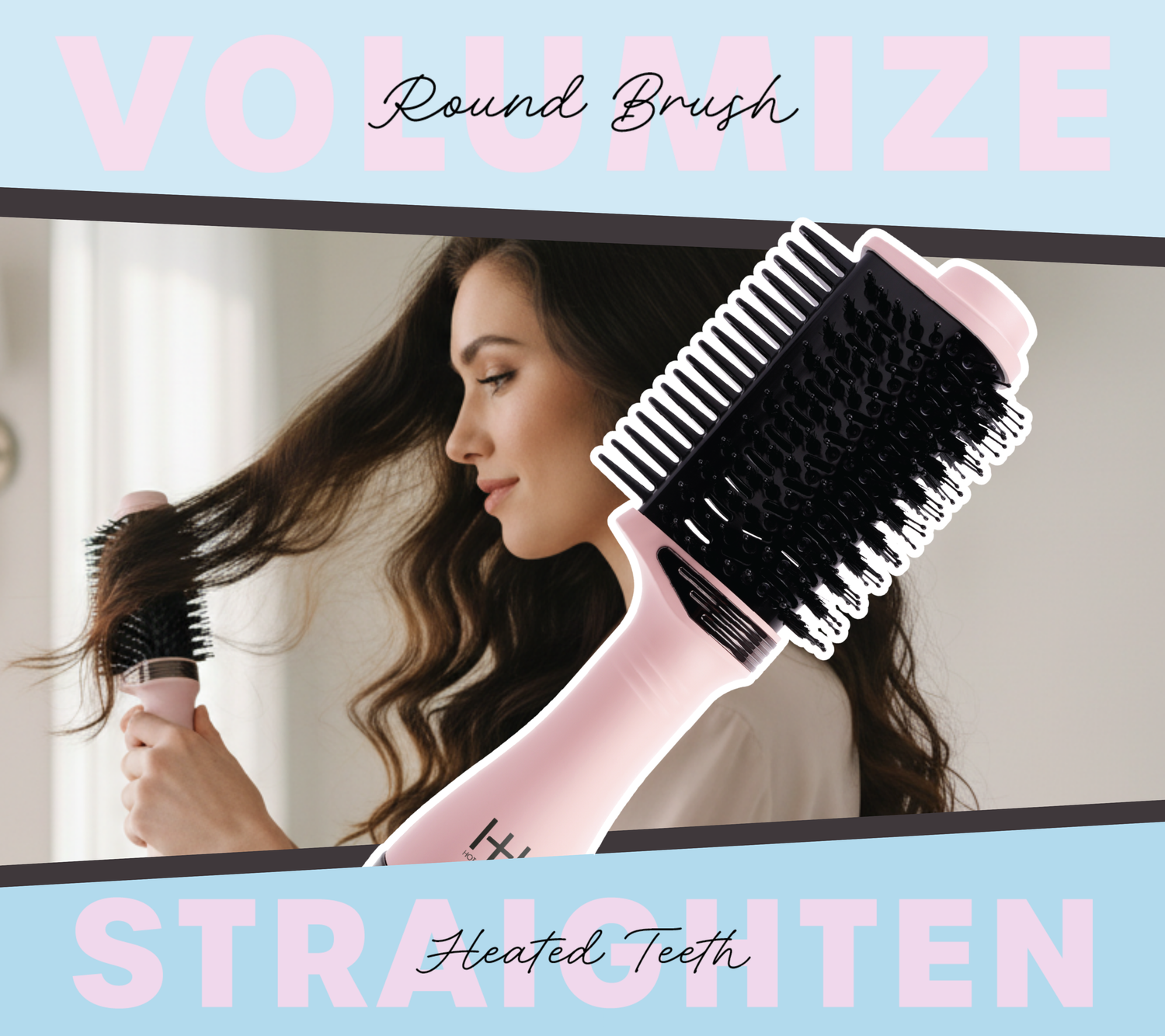 Woman with wavy hair styling with a round pink hairbrush in a bright room with pastel text overlay.