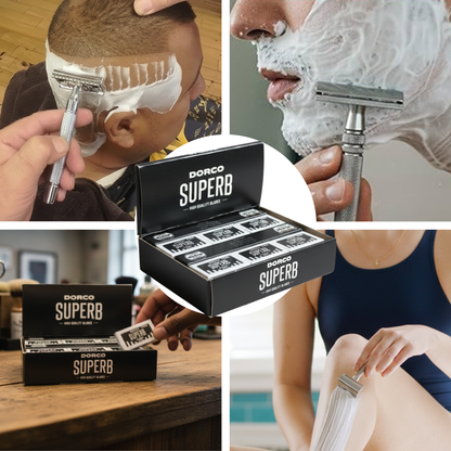 Dorco Superb 10-count premium stainless steel razor blades displayed with shaving and handling scenes