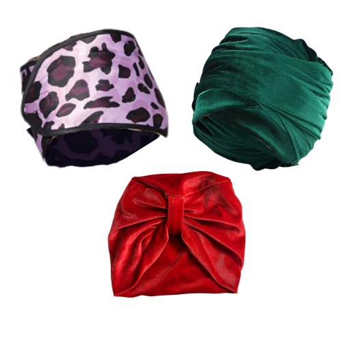 Three colorful fabric head wraps in purple leopard print, deep green, and red velvet with knot details on a white background